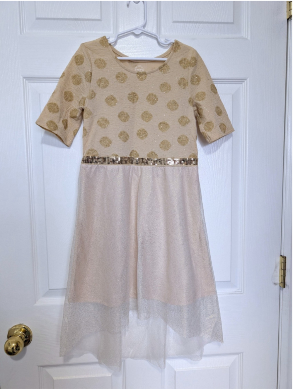 Girls Sparkly Gold Beige Dress Sz 7/8 Short Sleeve High Low Party Holiday Church